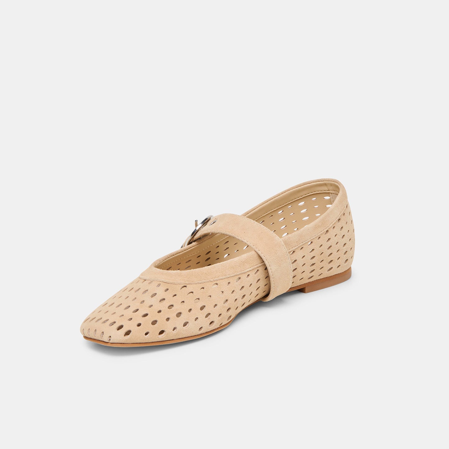 Camel Perforated Faux Suede Square-Toe Mary Janes Ballet Flats