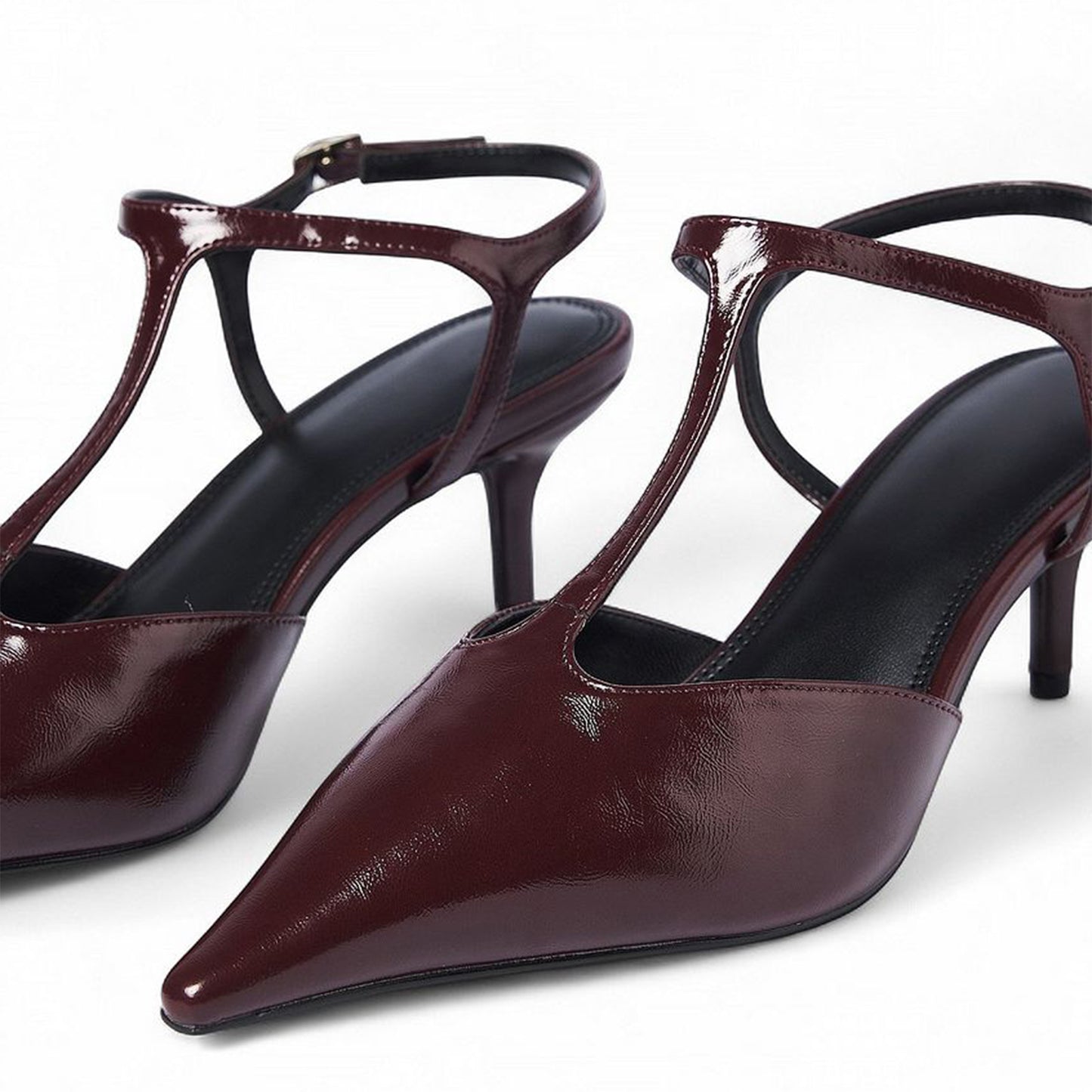 Burgundy Pointed-Toe T-Strap Ankle Strap Kitten Heels Pumps