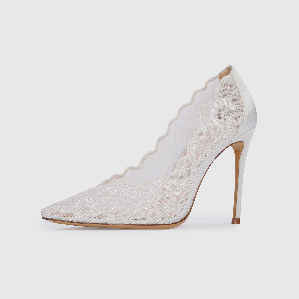 White Lace Mesh And Satin Pointed-Toe Slip-On Simple High Heels