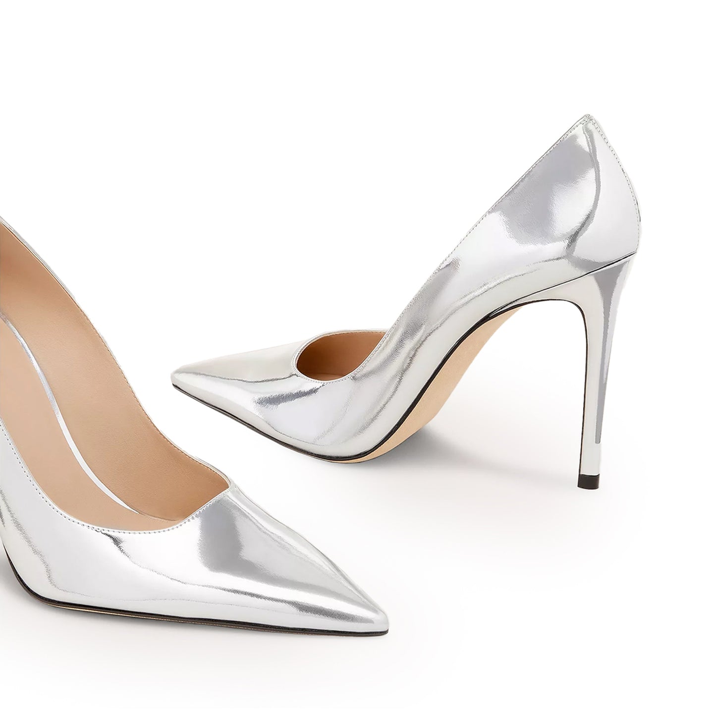 Metallic Silver Pointed-Toe Slip-On High Heels