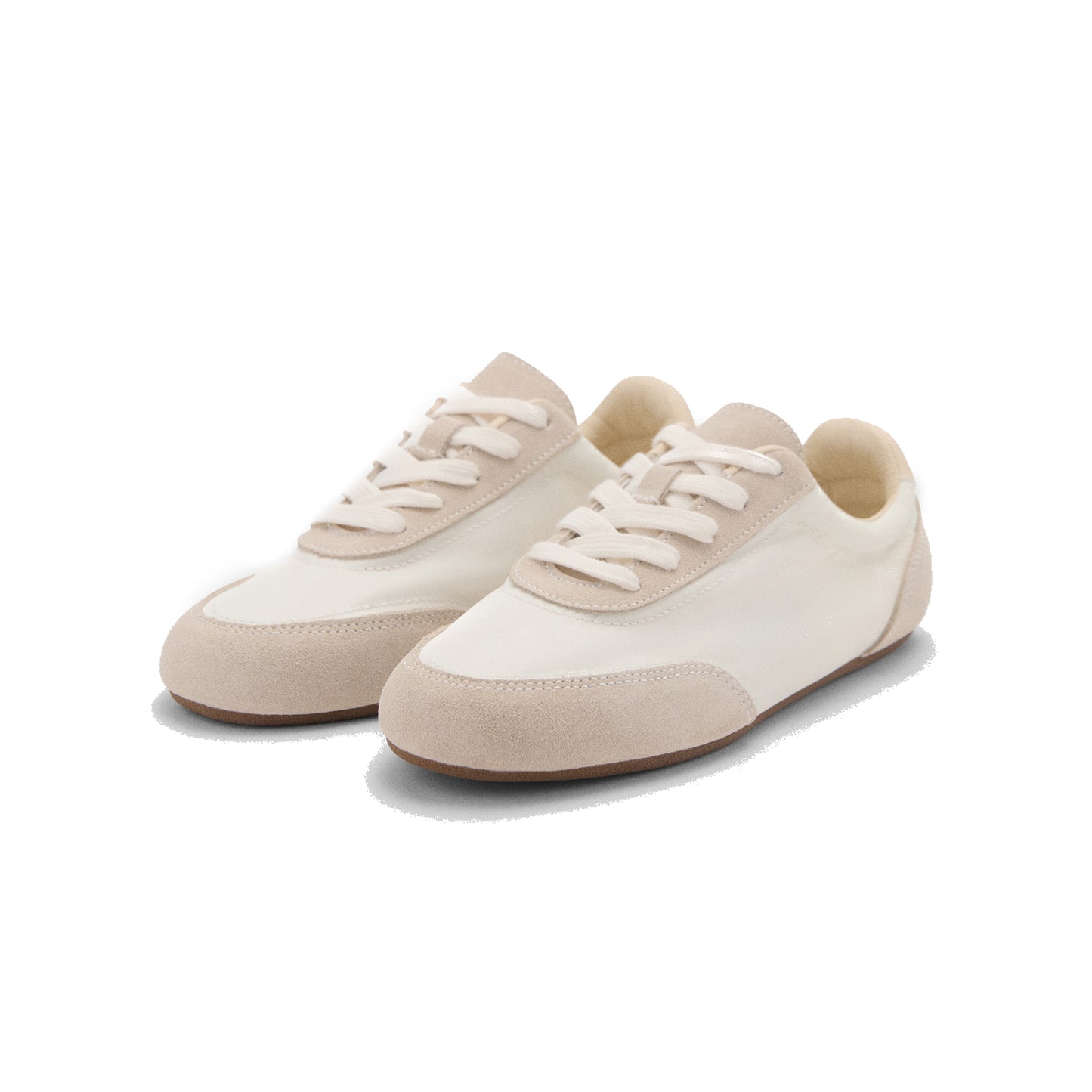 White Faux Suede And Mesh Round-Toe Lace-Up Sneakers Flats