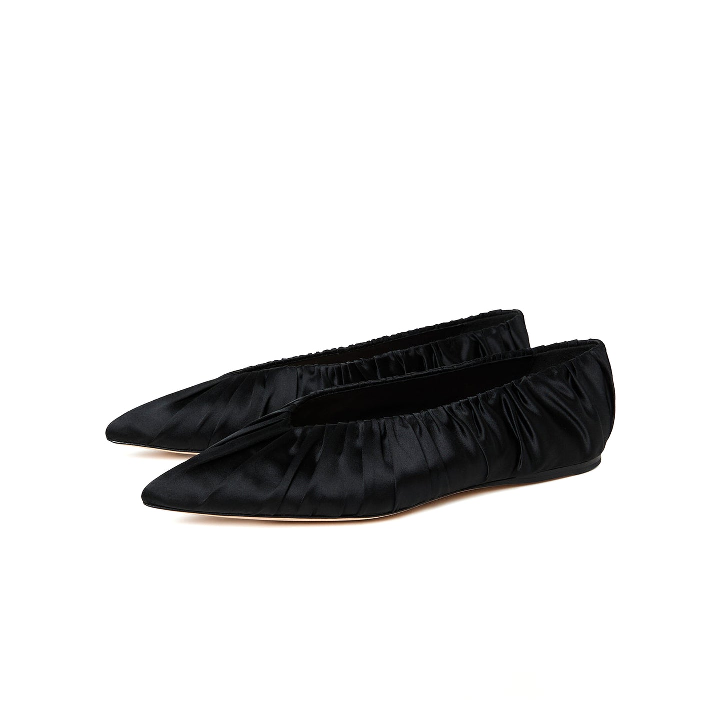 Black Satin Pointed-Toe Smocked Detail Slip-On Flats