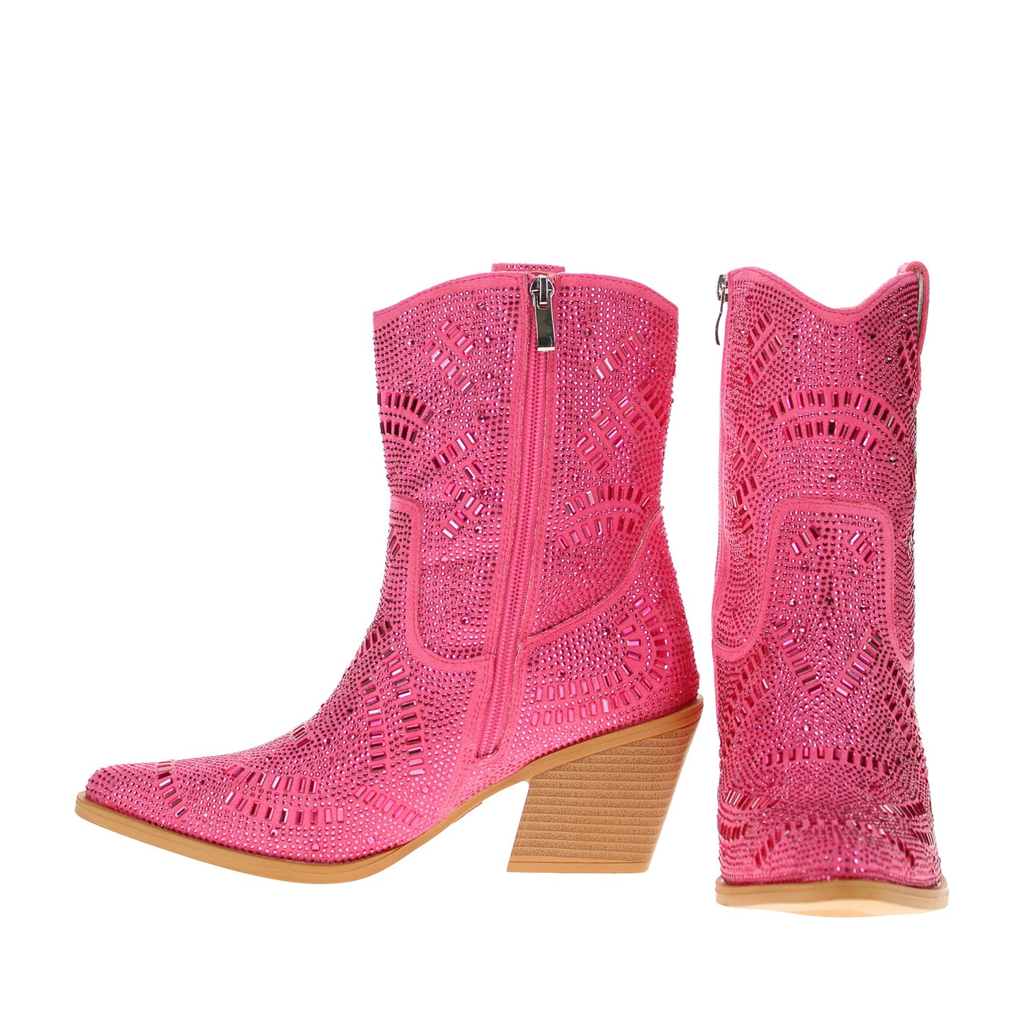 Pink Faux Suede Pointed-Toe Full Crystals Full-Zip Ankle Cowgirl Boots