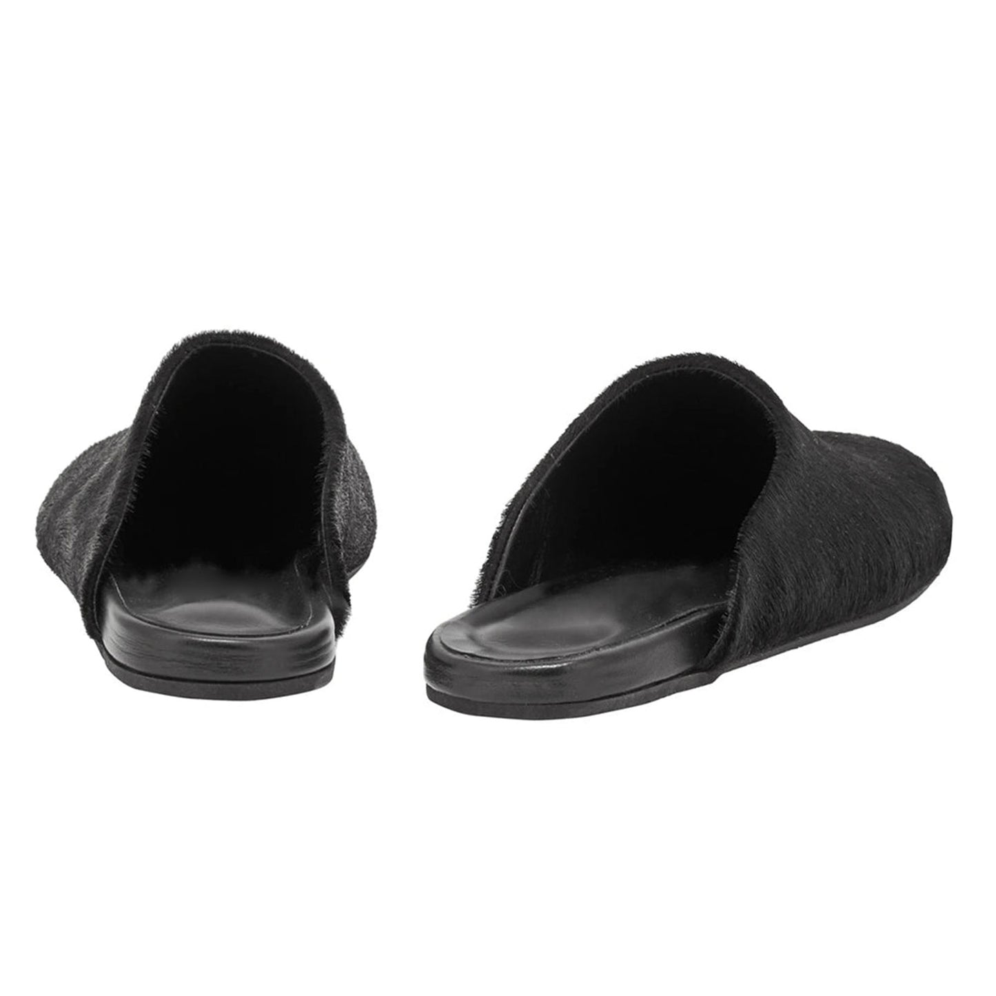 Black Pony Hair Round-Toe Slipper Backless Flats
