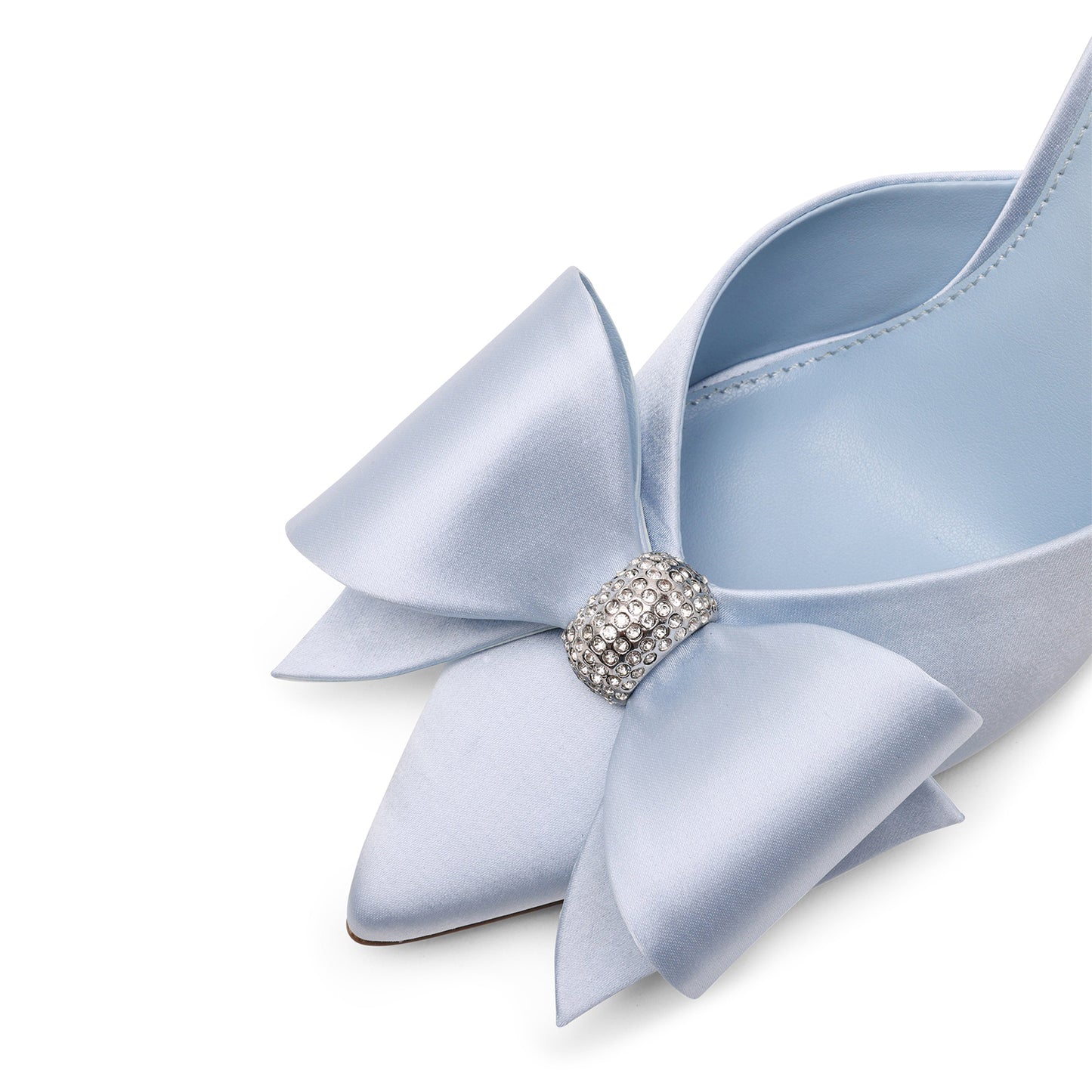 Light Blue Satin Pointed-Toe Front Big Bow Slip-On Backless High Heels