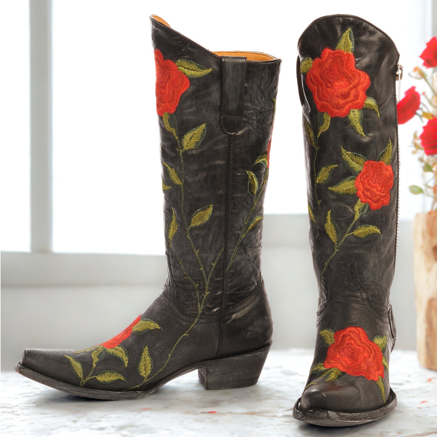 Black Snip-Toe Big Red Florals Embroidery Full-Zip Mid Calf Classic Cowgirl Boots