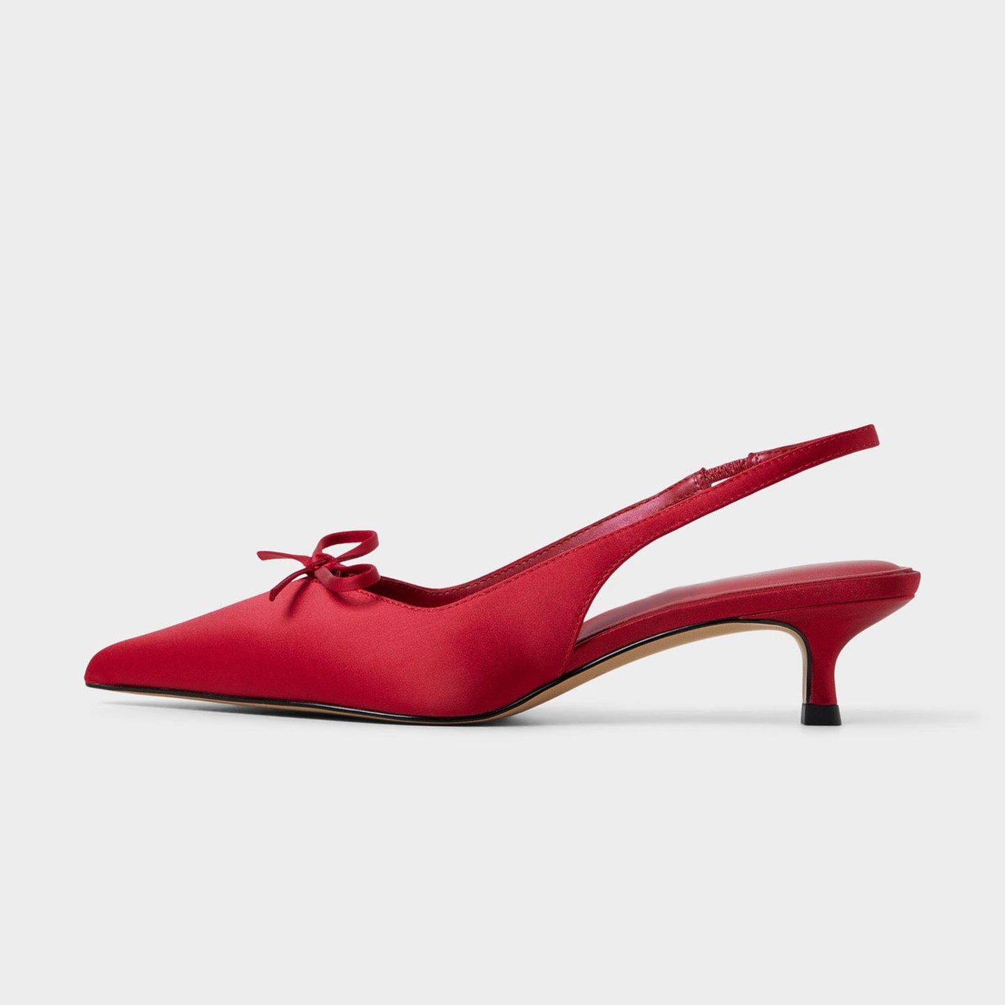 Red Satin Pointed-Toe Front Bow Classic Back Strap Kitten Heels