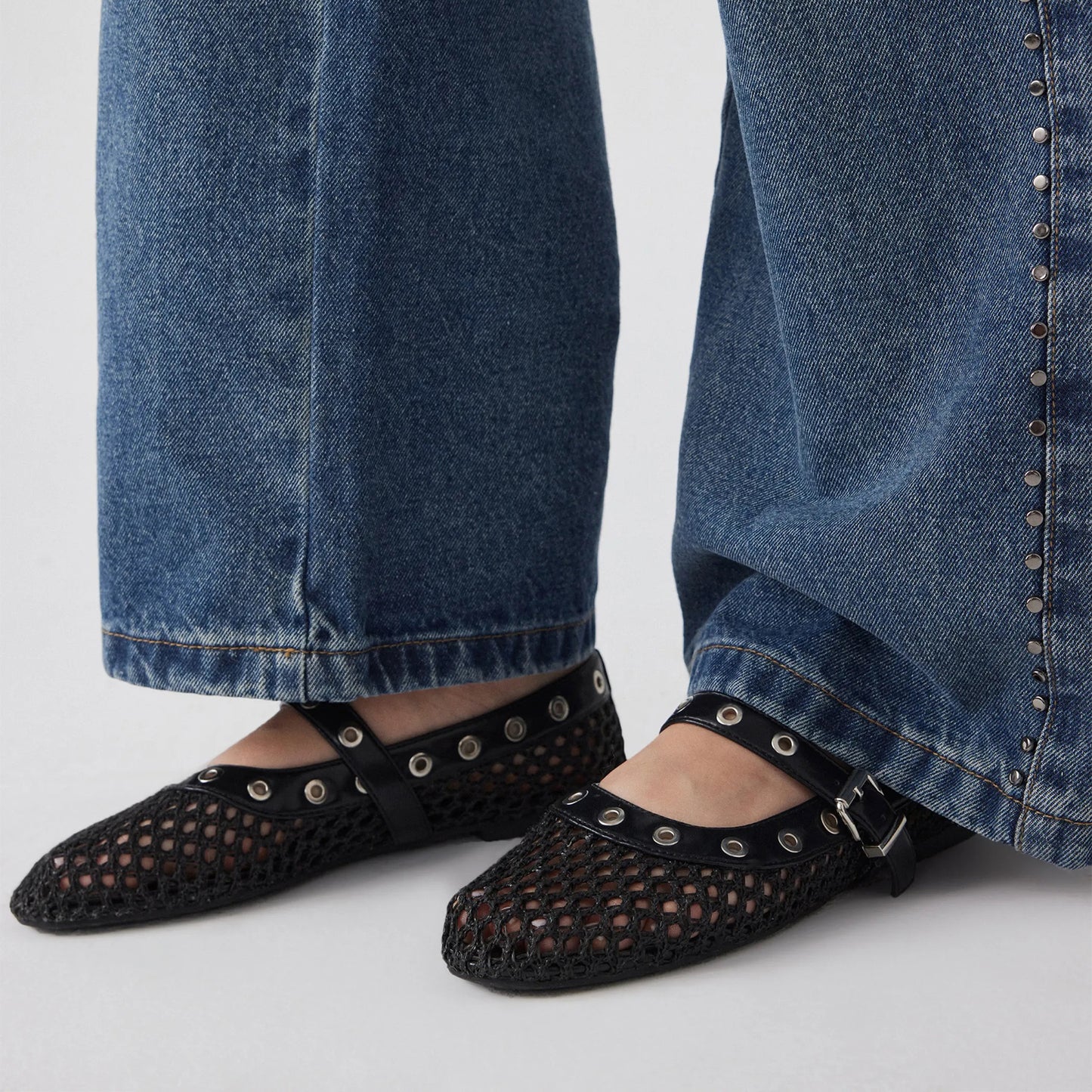 Black Woven Mesh And Vegan Leather Round-Toe Eyelets Mary Jane Flats