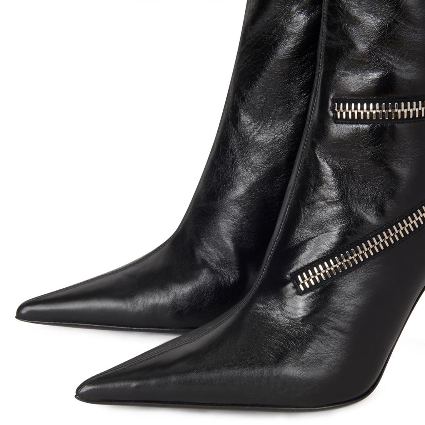 Black Pointed-Toe Three Zippers Decoration and Full-Zip Ankle Stiletto Boots