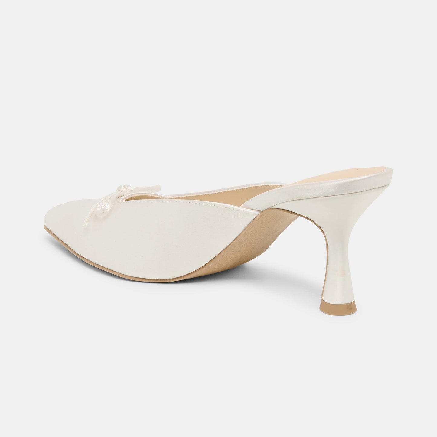 White Satin Pointed-Toe Stylish Front Bow Backless High Heels