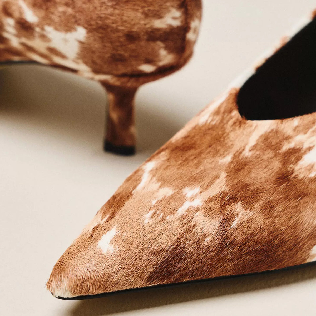 Cow Pattern Pony Hair Vegan Leather Pointed-Toe Slip-On Chic Kitten Heels