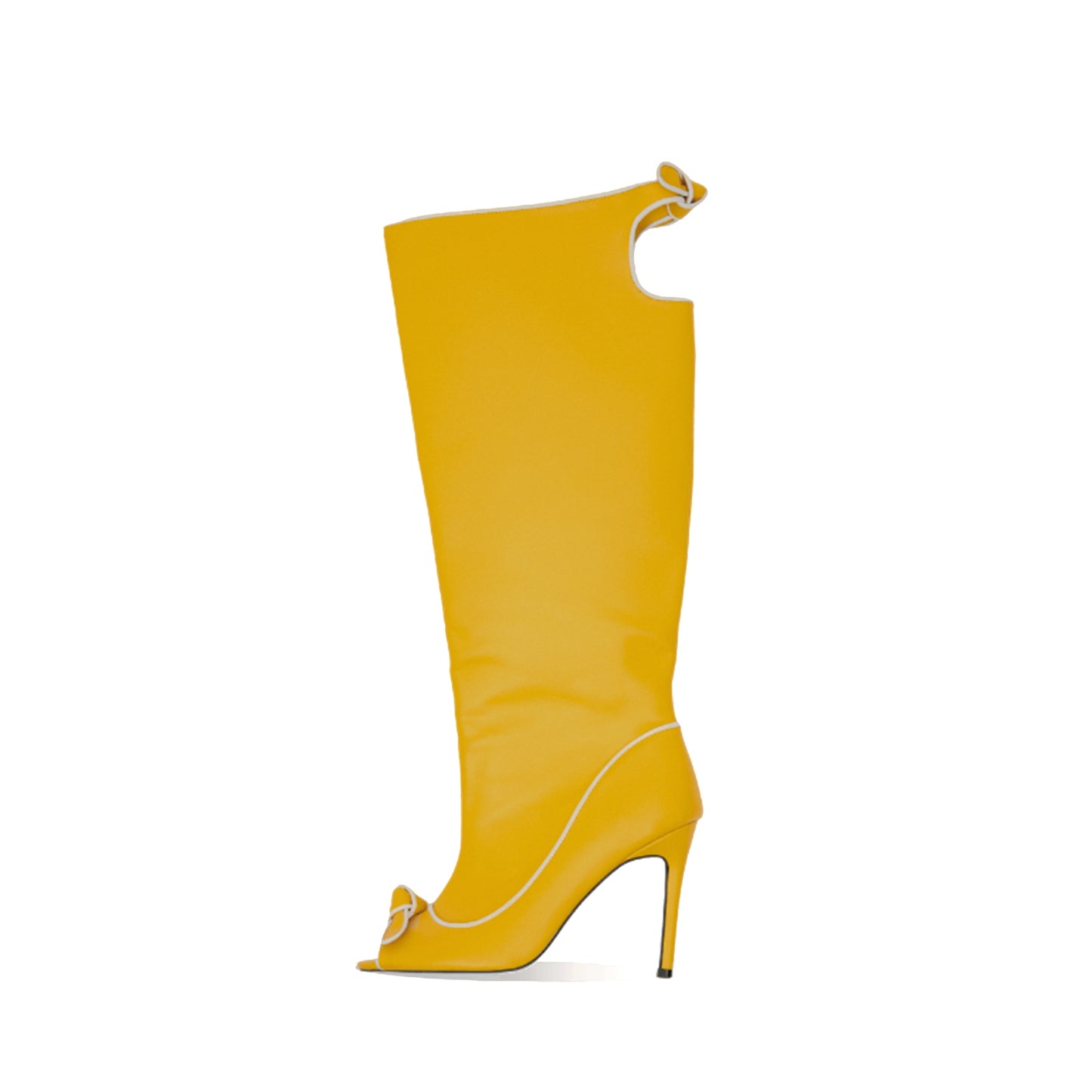 Yellow Peep Round-Toe With Bow Back Cut-Out Wide Calf Knee High Stiletto Boots