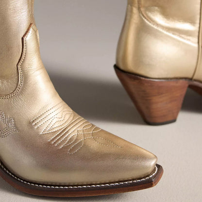 Metallic Gold Snip-Toe Side Fringe Ankle Cowgirl Boots