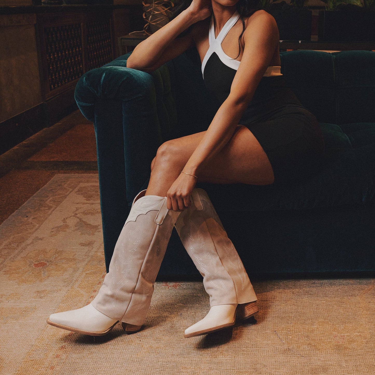 White Snip-Toe Faux Suede Fold-Over Embroidery Wide Calf Knee High Cowgirl Boots