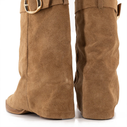 Tan Faux Suede Pointed-Toe Fold-Over Shaft Buckle Mid Calf Cowgirl Boots