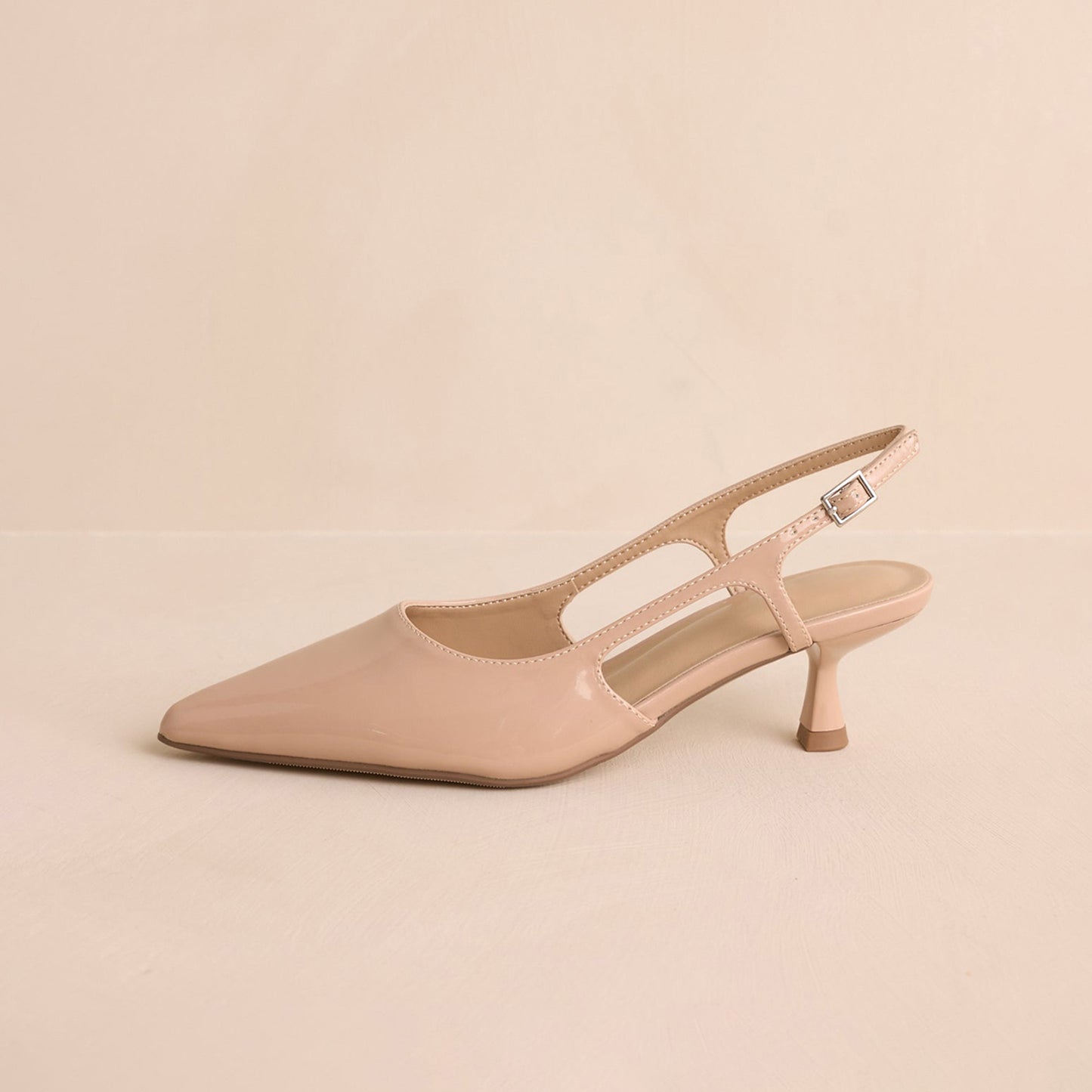 Patent Nude Pointed-Toe Classic Slingback Kitten Heels