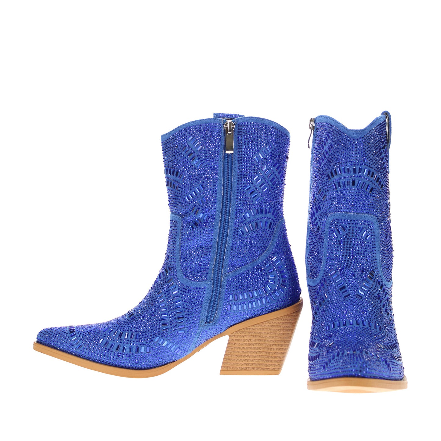 Blue Faux Suede Pointed-Toe Full Crystals Full-Zip Ankle Cowgirl Boots