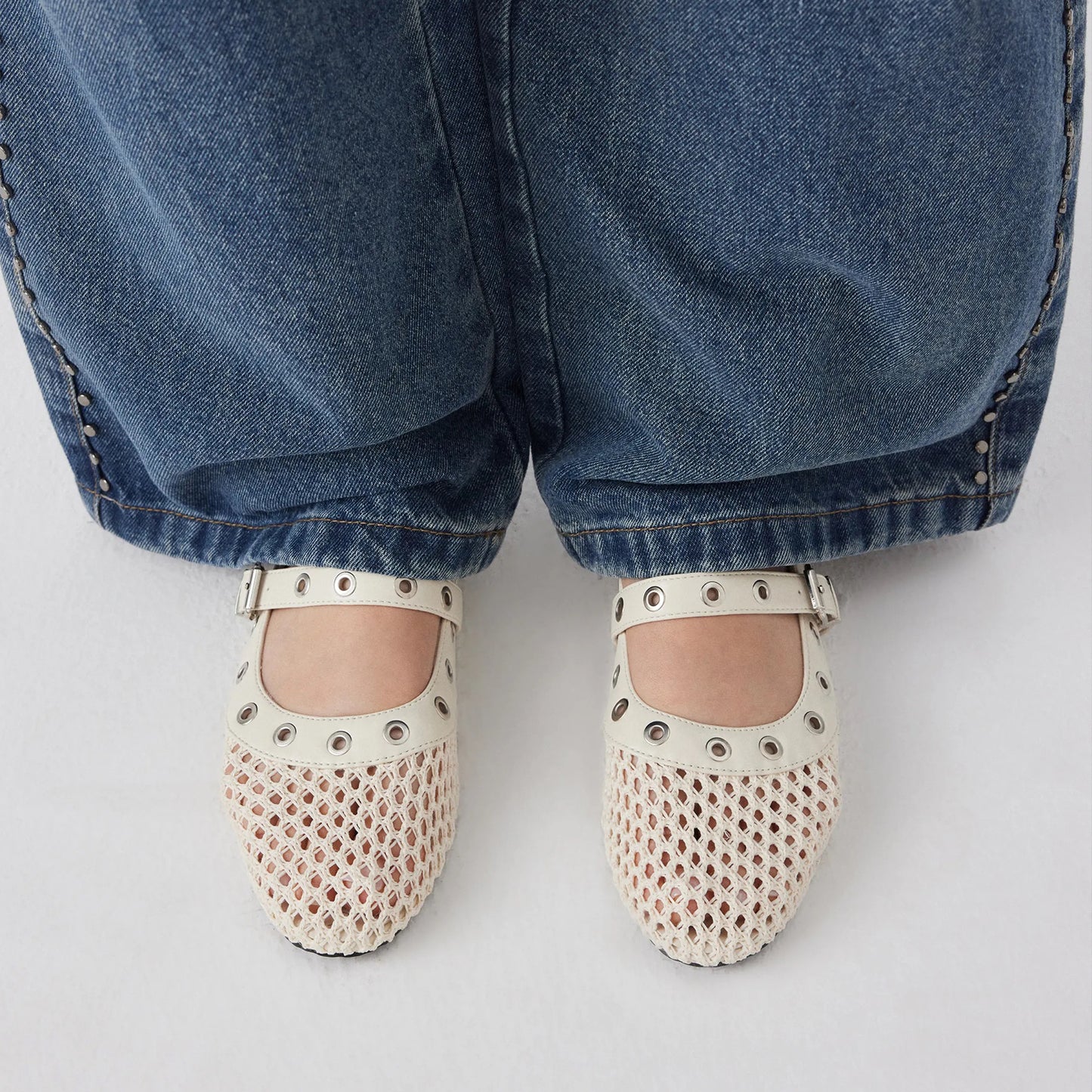 Cream Woven Mesh And Vegan Leather Round-Toe Eyelets Mary Jane Flats