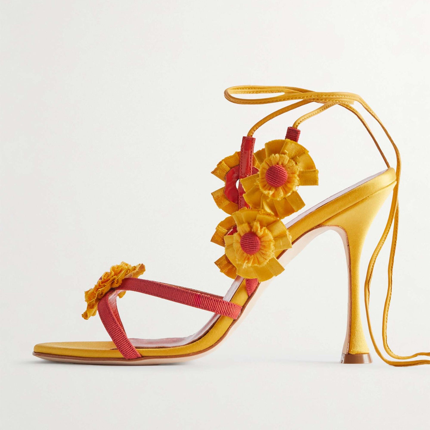 Yellow Satin Round-Toe Strappy With Flowers Detail High Heels