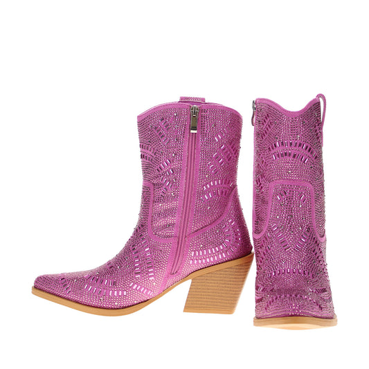 Purple Faux Suede Pointed-Toe Full Crystals Full-Zip Ankle Cowgirl Boots