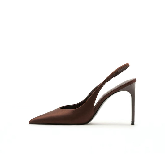 Chocolate Satin Pointed-Toe Slip-On Slingback High Heels