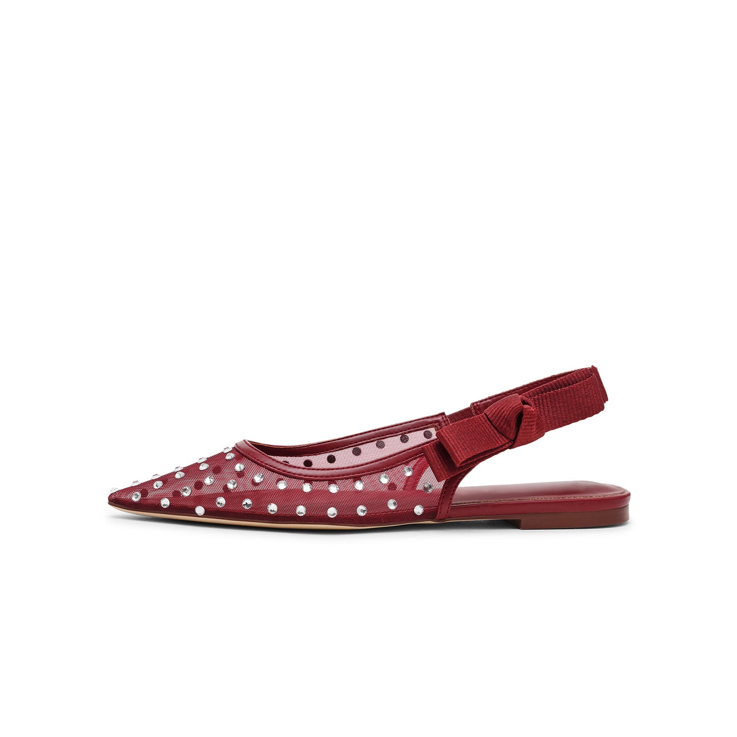 Red Mesh Pointed-Toe Rhinestones And Slingback With Bow Flats