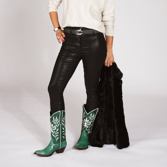 Contrast Green And Green Lizard Print Pointed-Toe Inlays Mid Calf Cowgirl Boots