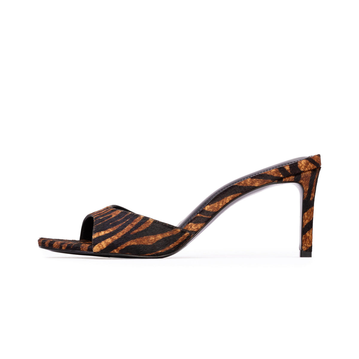 Tiger Pattern Pony Hair Round-Toe Backless Mules High Heels