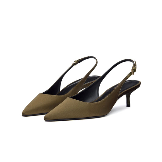 Brown Satin Pointed-Toe Classic Kitten Heels With Slingback
