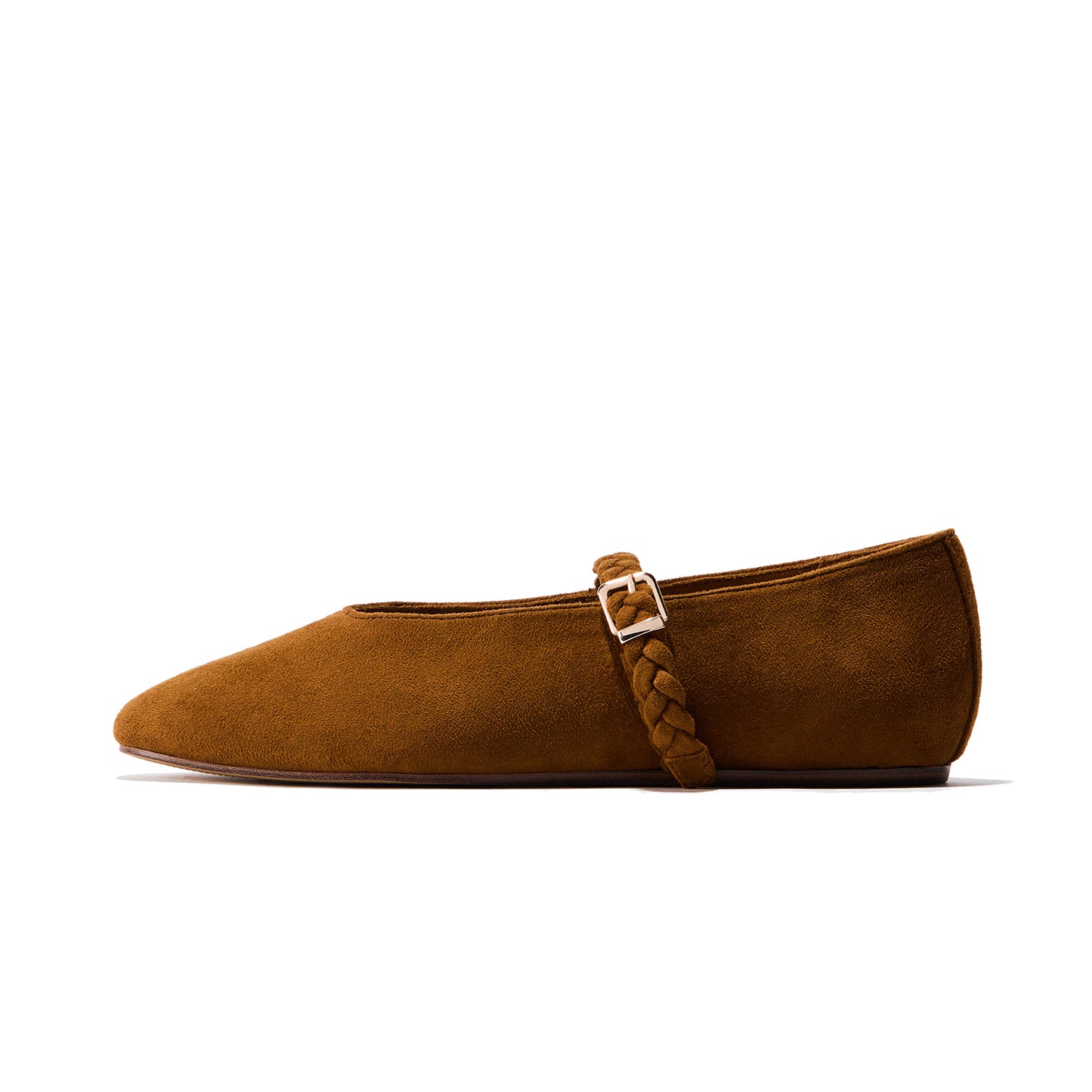 Coffee Faux Suede Square-Toe Delicate Buckle Mary Jane Ballet Flats