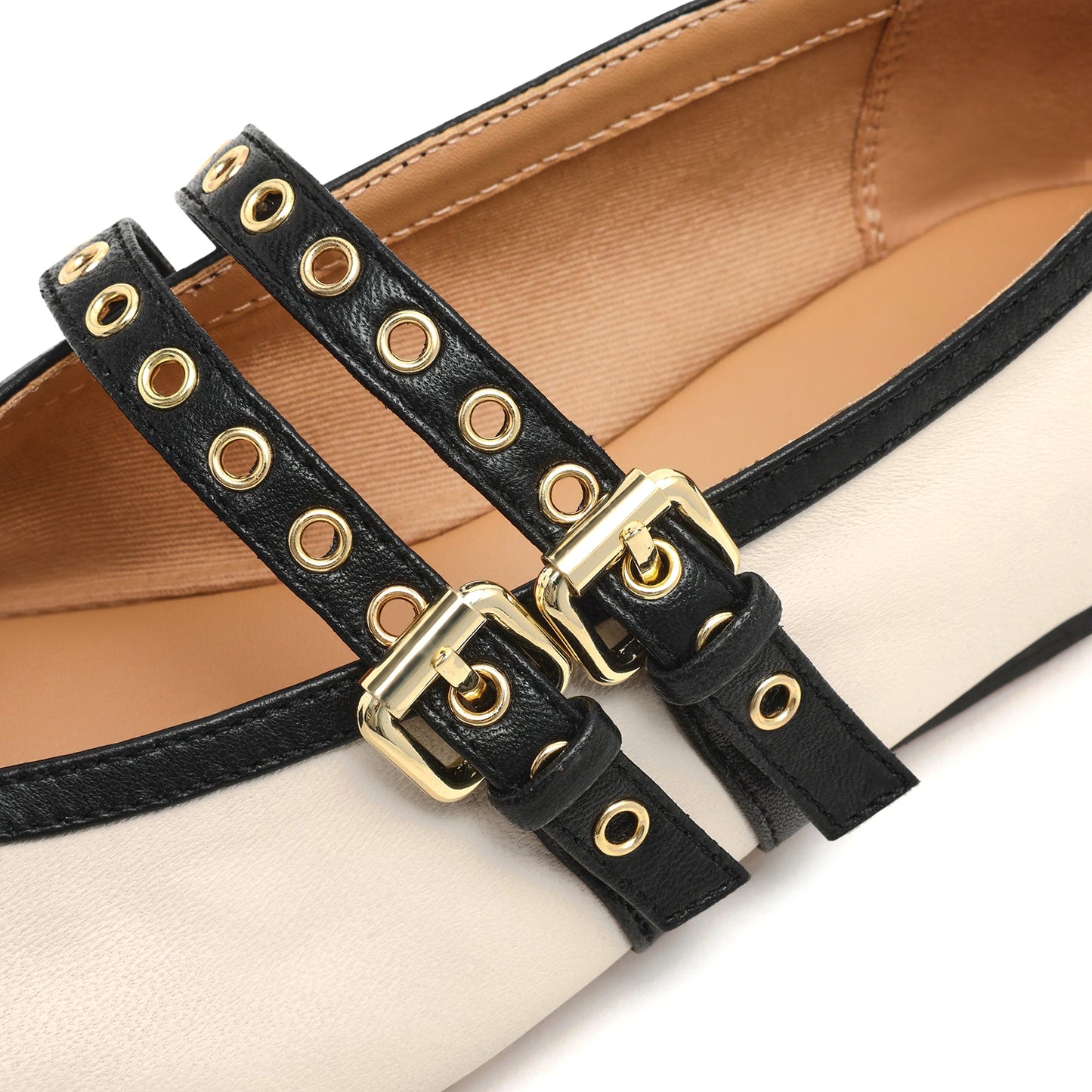 Bone Square-Toe Double Bridge Straps With Eyelets Classic Ballet Flats