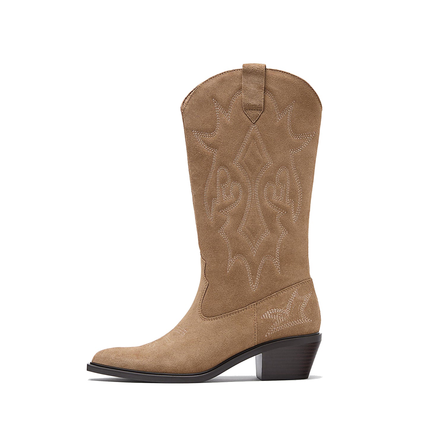 Camel Faux Suede Almond-Toe Chic Stitch Mid Calf Classic Cowgirl Boots