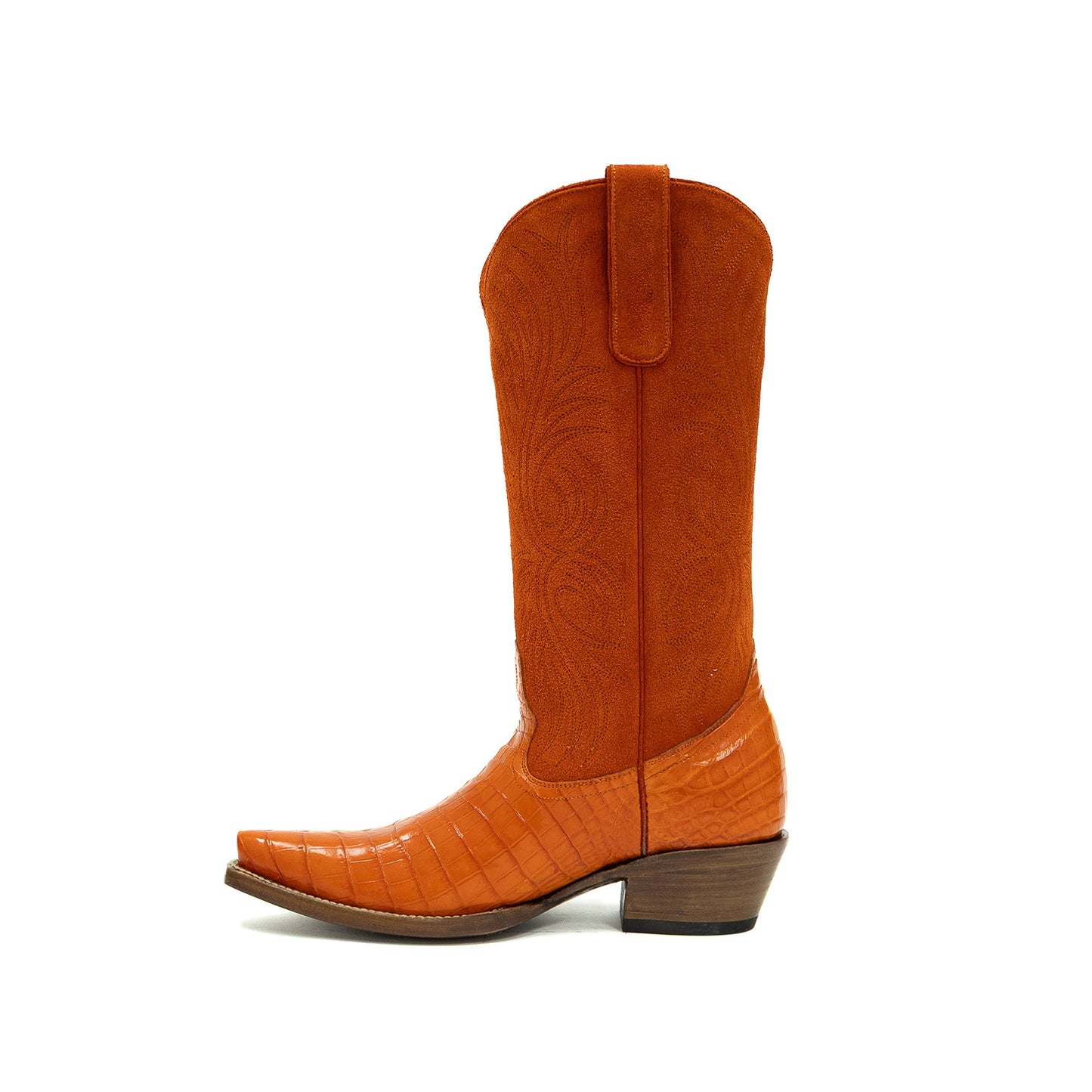 Orange Contrast Faux Suede And Crocodile Print Snip-Toe Embroidery Mid Calf Cowgirl Boots