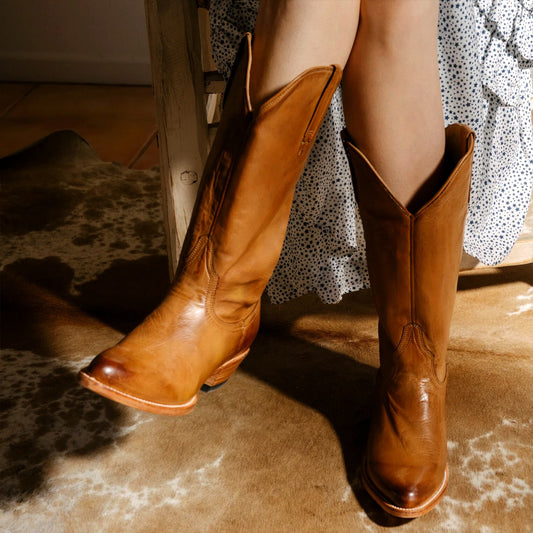 Tan Pointed-Toe Simple Mid Calf Cowgirl Boots