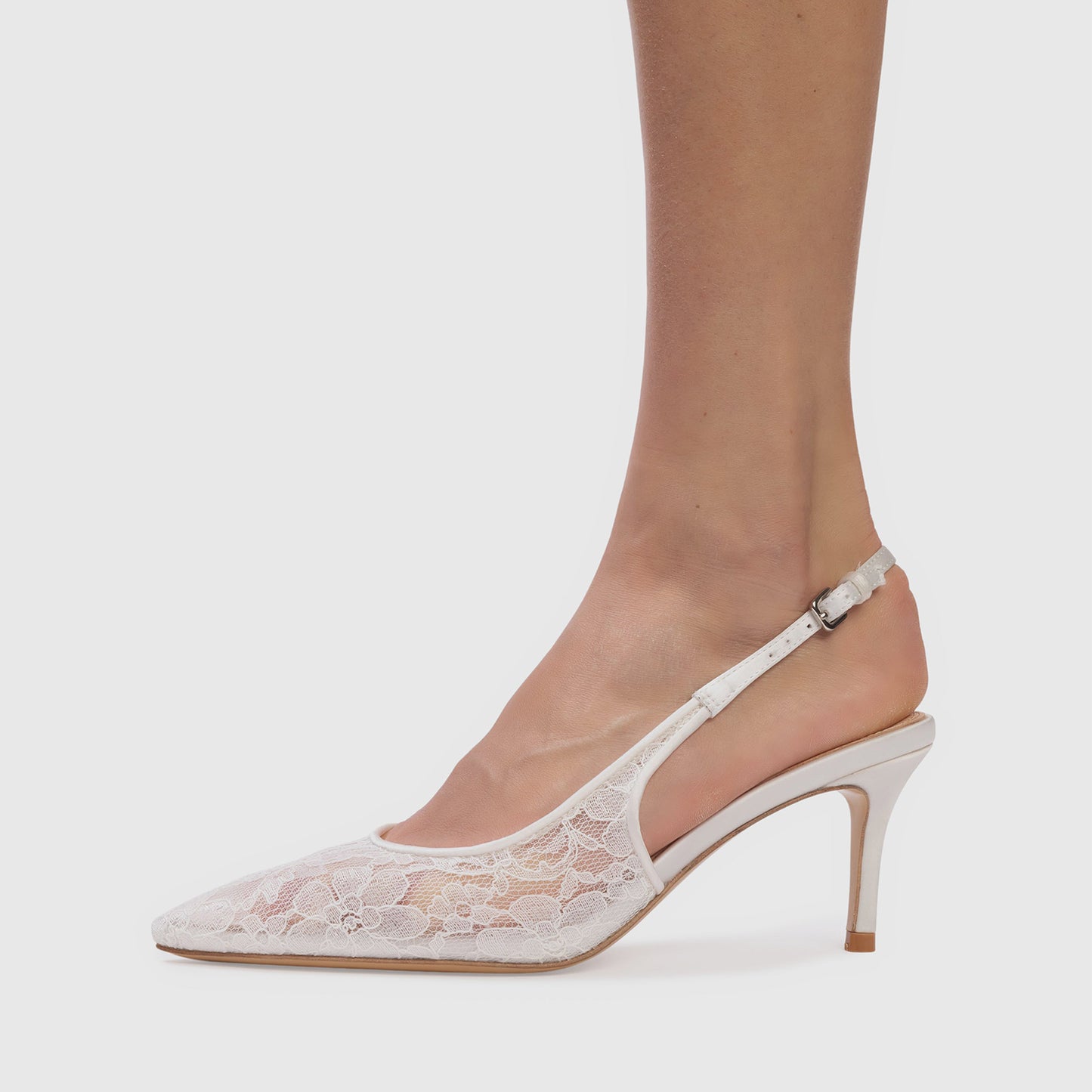White Lace Mesh Pointed-Toe Buckle Back Strap Kitten Heels