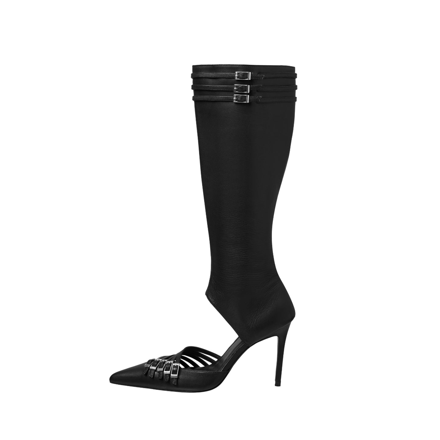 Black Pointed-Toe Buckle Straps Full-Zip Knee High Stiletto Boots