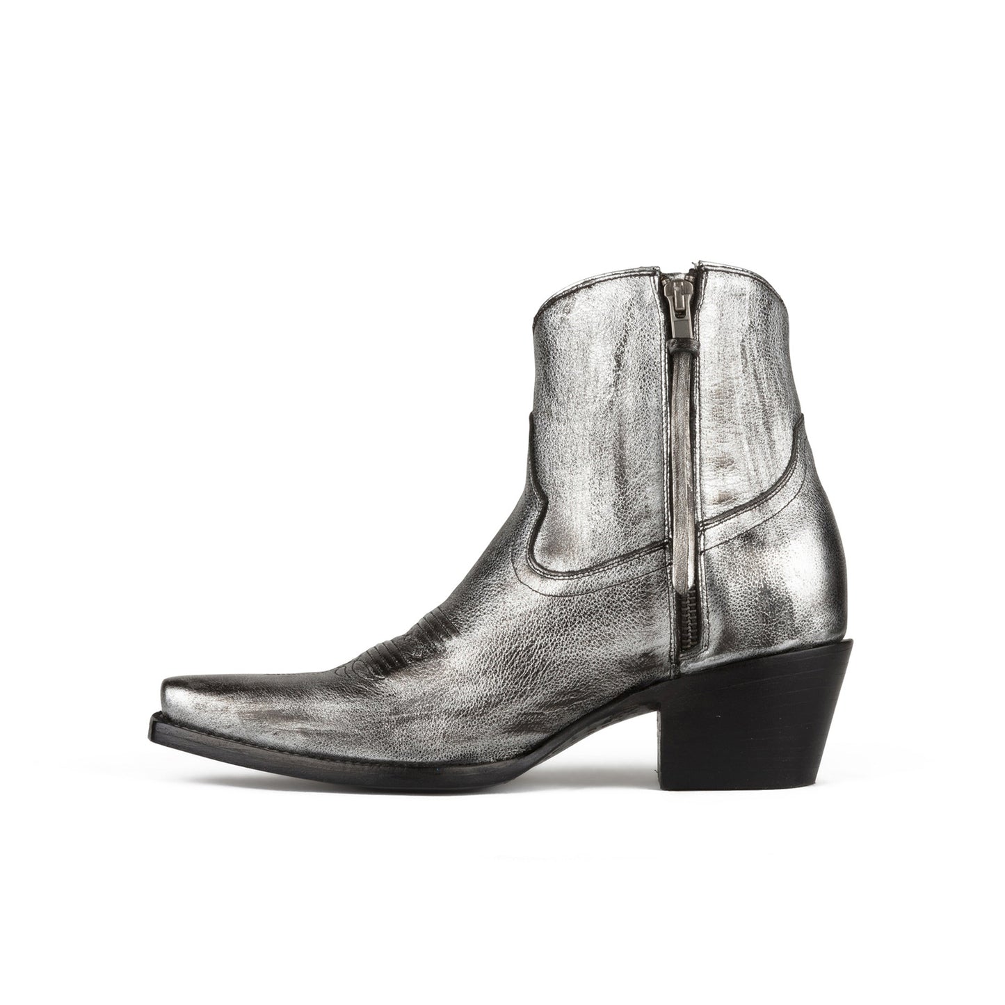 Metallic Pewter Snip-Toe Simple Full-Zip Ankle Cowgirl Boots
