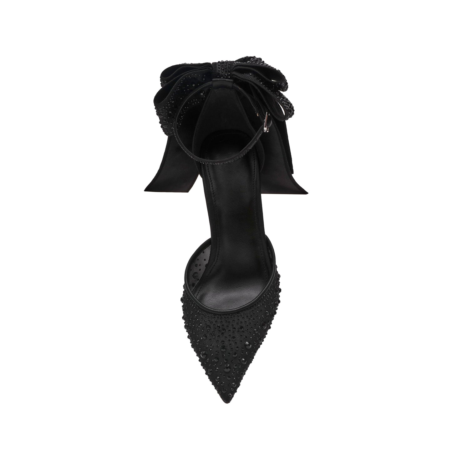 Black Crystals Satin Pointed-Toe Ankle Strap With Bow Pumps