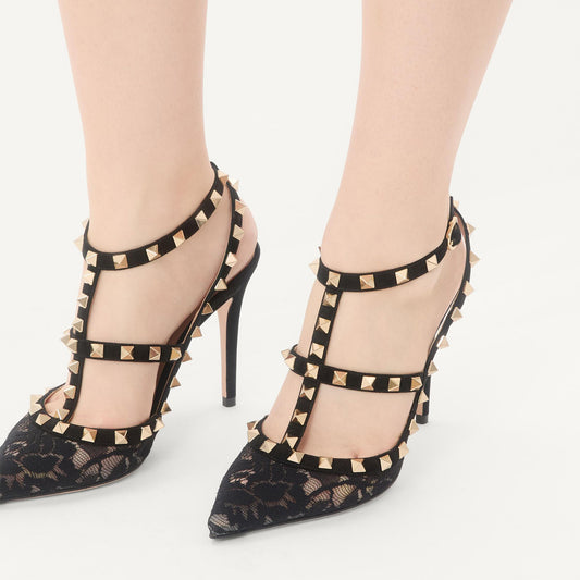 Black Lace Mesh Pointed-Toe Studded Strappy Slingback High Heels