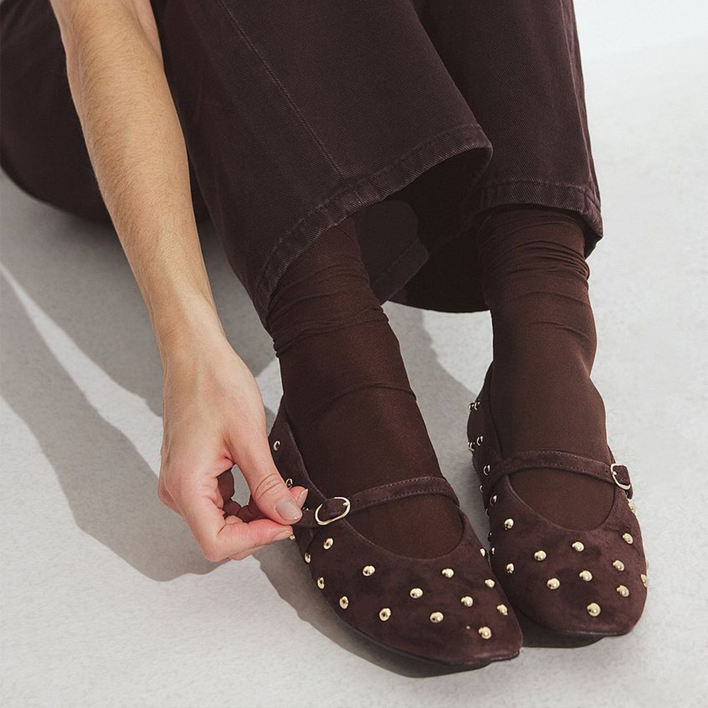 Brown Faux Suede Square-Toe Studs And Mary Jane Ballet Flats