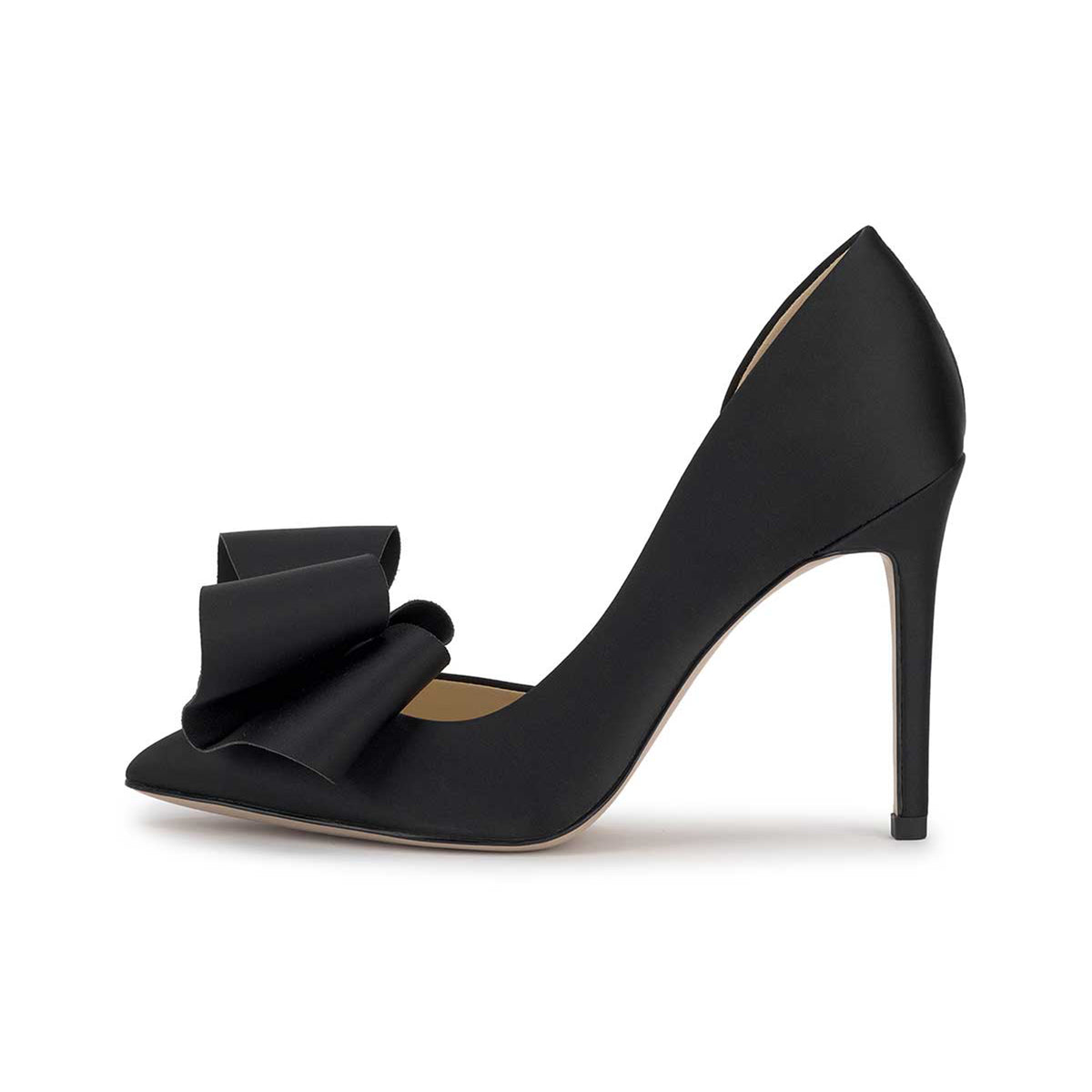 Black Satin Pointed-Toe Front Big Bow Sleek Slip-On High Heels