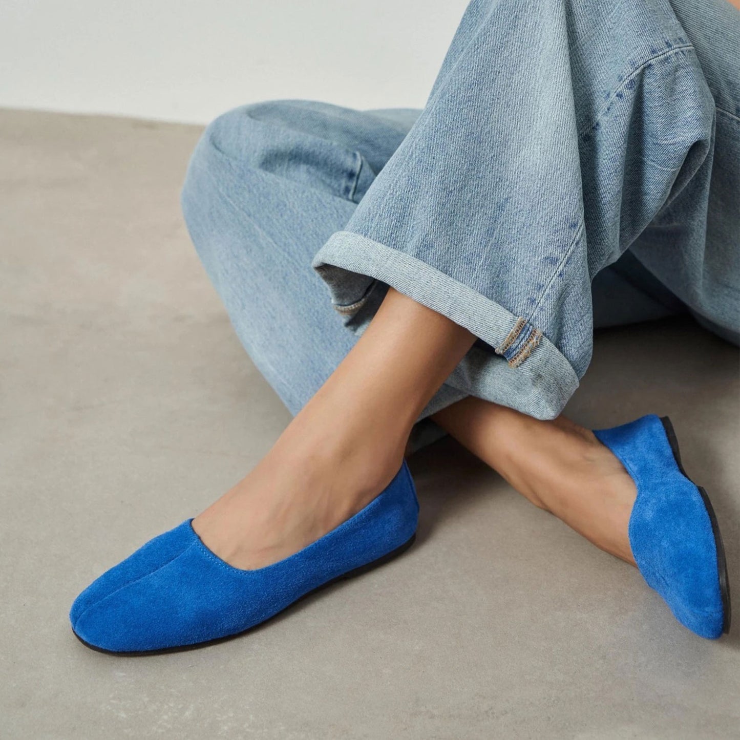 Blue Cow Suede Round-Toe Slip-On Classic Ballet Flats