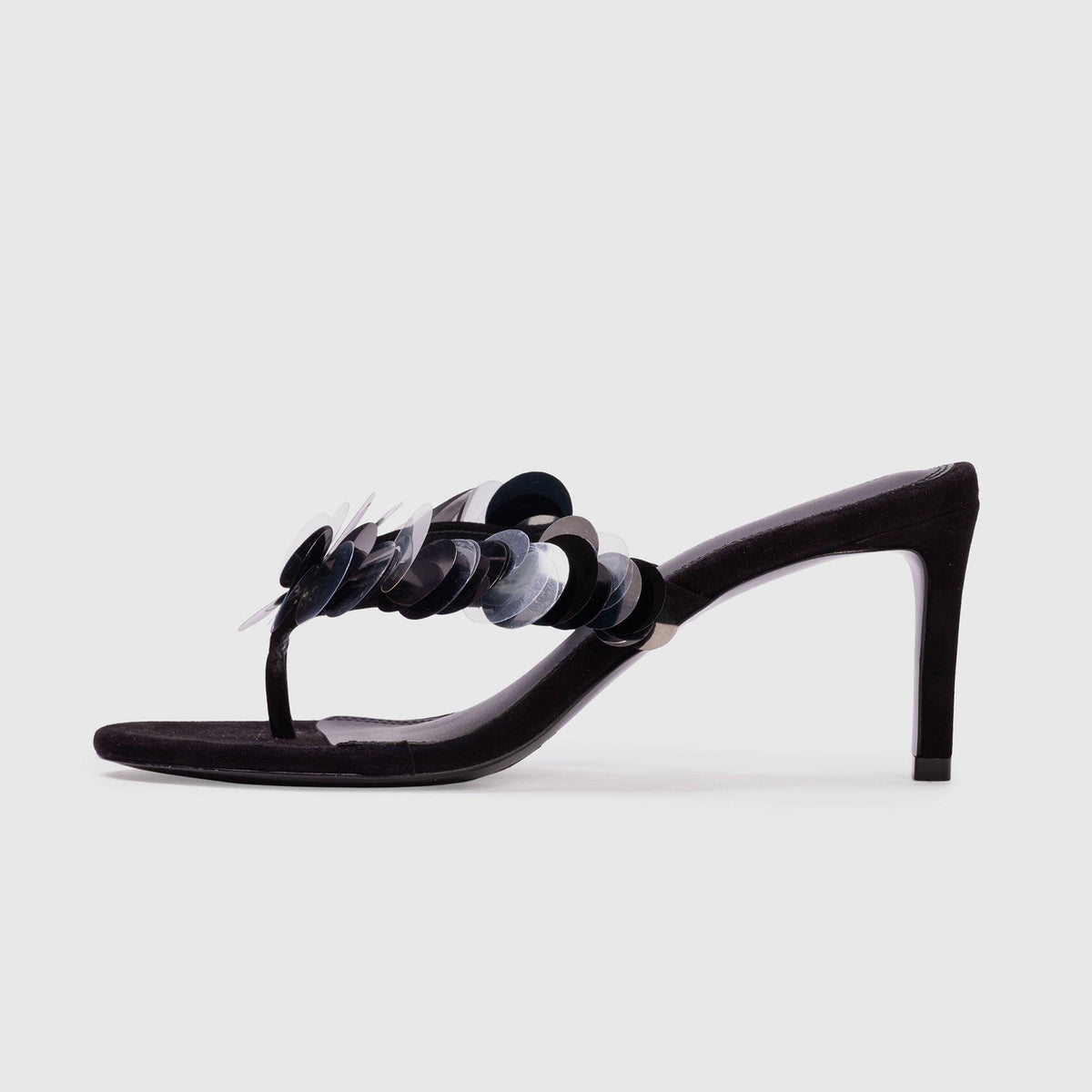 Black Faux Suede Round-Toe Flip-Flop With Sequins Backless High Heels