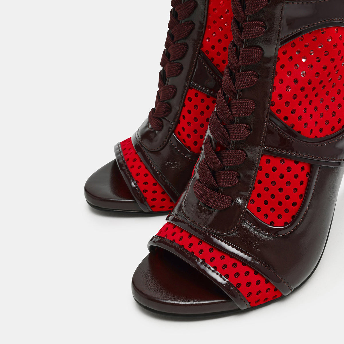 Black Vegan Leather And Red Mesh Peep Round-Toe Front Lace-Up Strappy Side Full-Zip Stiletto Shoes