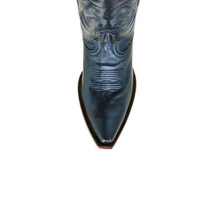 Metallic Navy Blue Snip-Toe Embroidery Mid Calf Cowgirl Boots