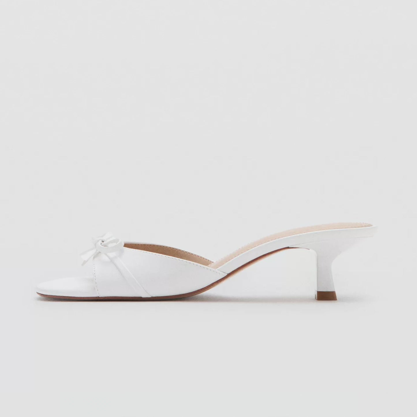 Patent White Square-Toe Front Chic Bow Slip-On Backless Kitten Heels