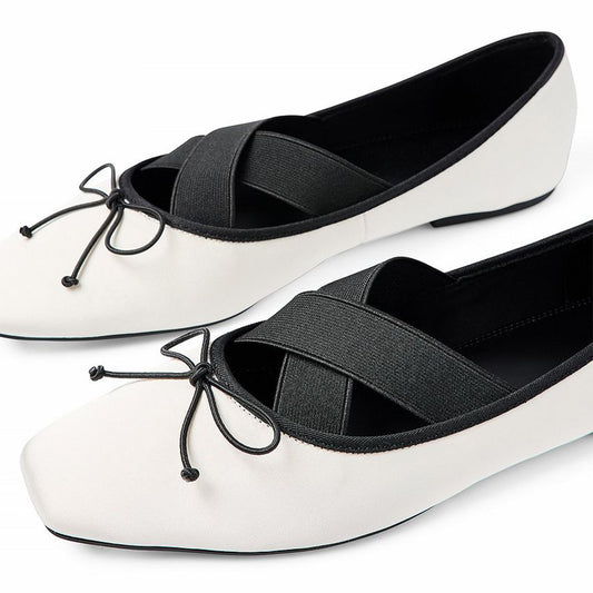 Offwhite Square-Toe Front Bow Crossed Elastic Strap Ballet Flats