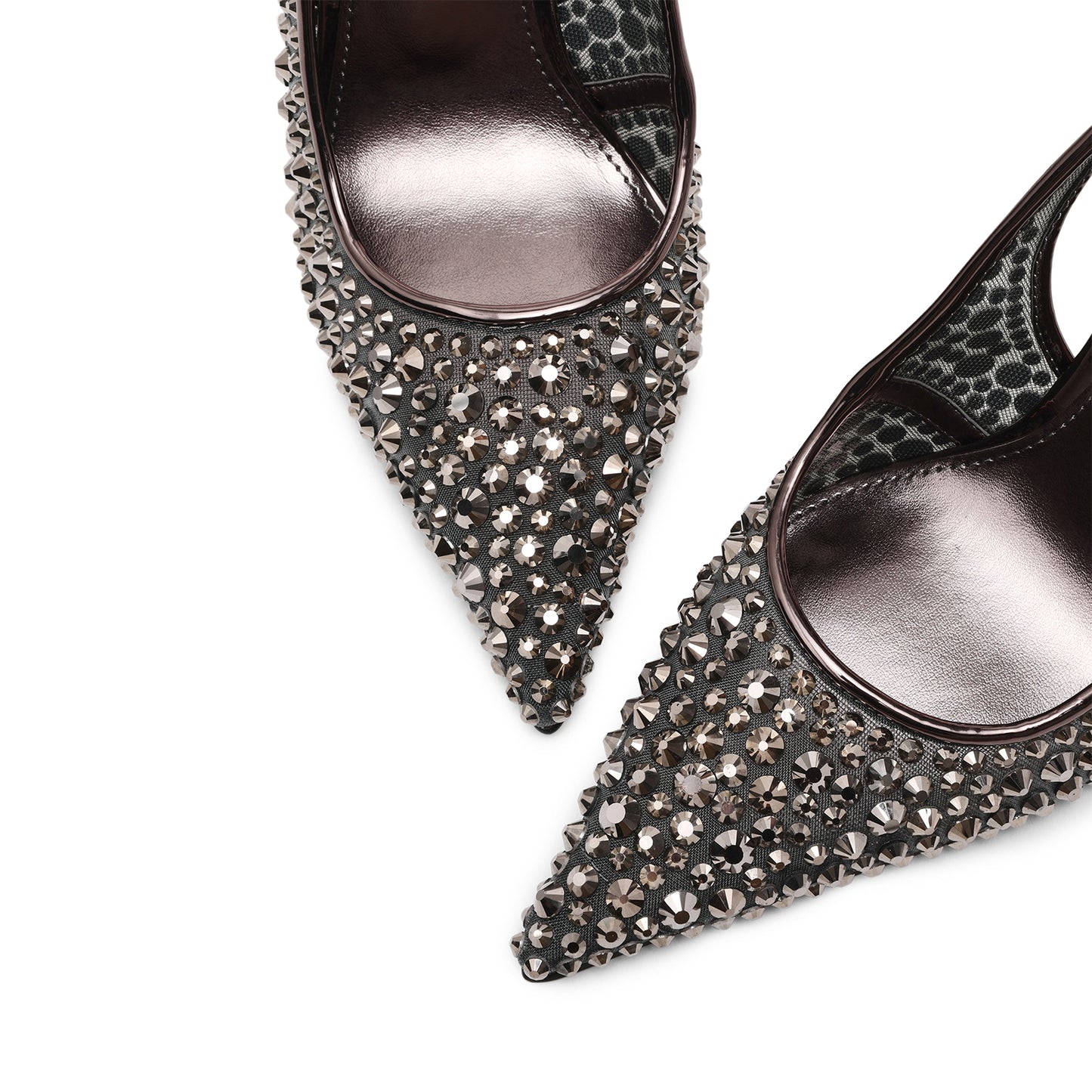 Pewter Mesh With Rhinestones Pointed-Toe Slingback High Heels Pumps