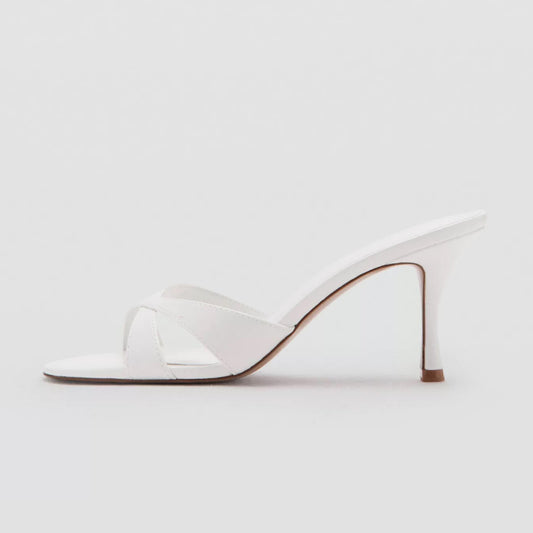 White Round-Toe Front Crossed Straps Slip-On High Heels