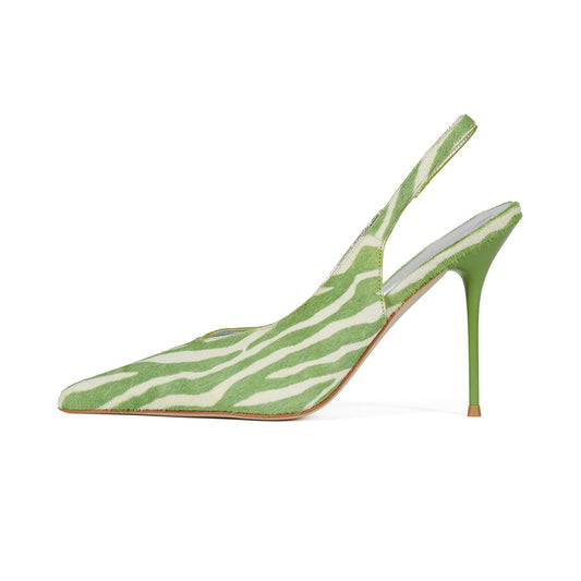 Zebra Pattern White And Green Pointed-Toe Slingback Chic High Heels